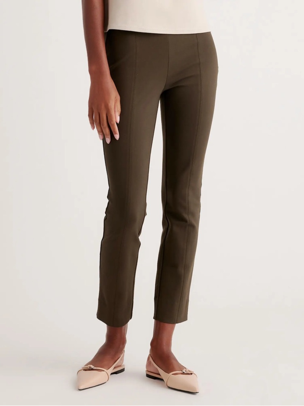 Quince Ultra-Stretch Ponte Pintuck Ankle Pants Olive Green Size Small Petite